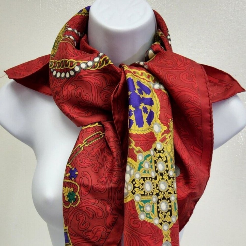 Ginnie Johansen Vintage 1989 100% Silk Scarf Retro Square 34 x 34" Chains Jewels